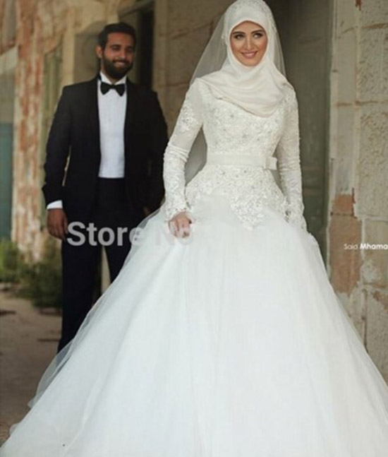 high neck long sleeve muslim wedding dresses