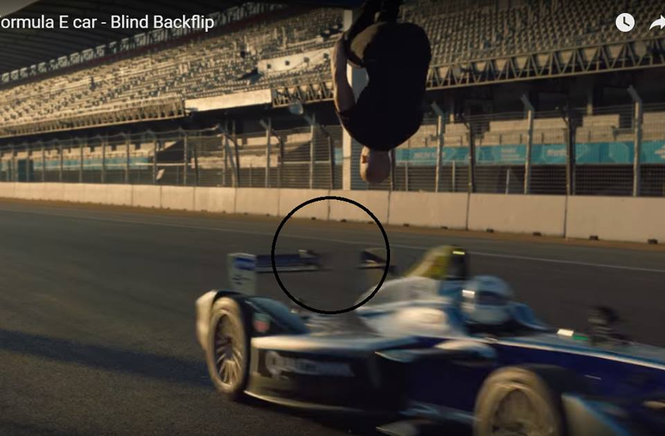 Hollywood Stuntman Damien Walters fake Performs Blind Backflip Over Formula E Car