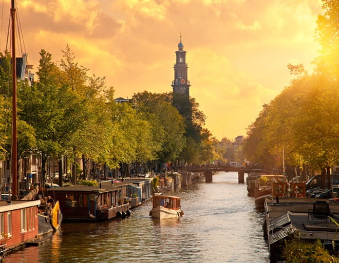 Canal in Amsterdam with the church 'Westerkerk'