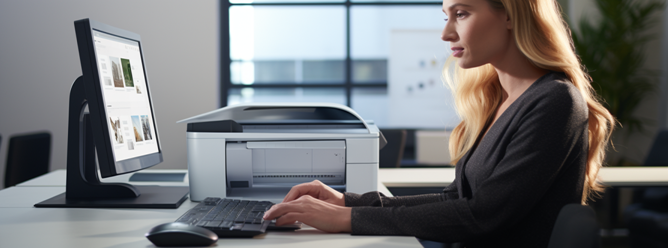 A person on a computer at a desk with a fax machine utilizing cloud faxing