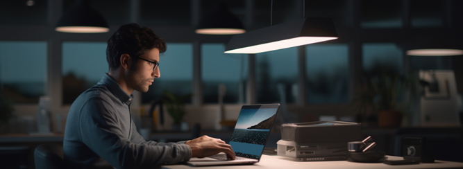 A person sitting at a table in a dim office utilizing cloud faxing